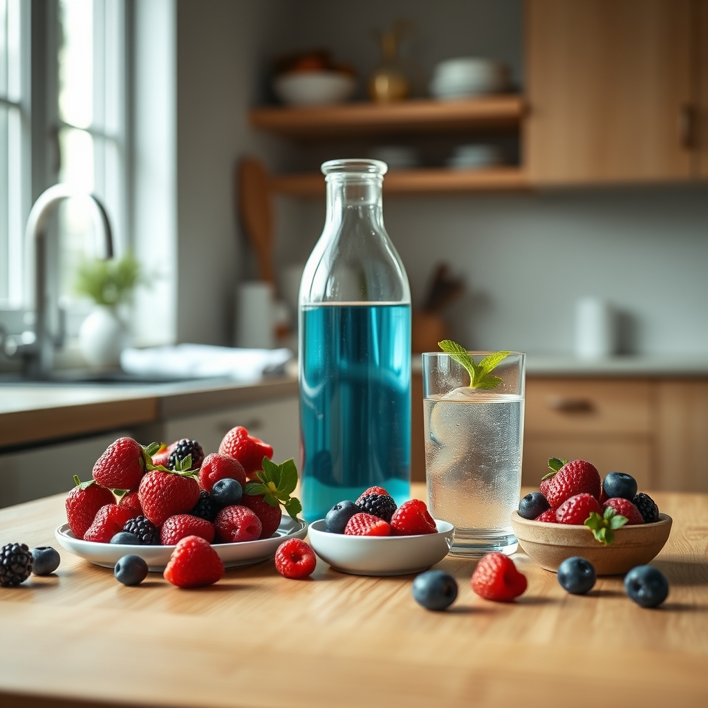A bright kitchen counter with a bowl of fresh berries, a glass of water, and a notebook titled “Recovery Plan”