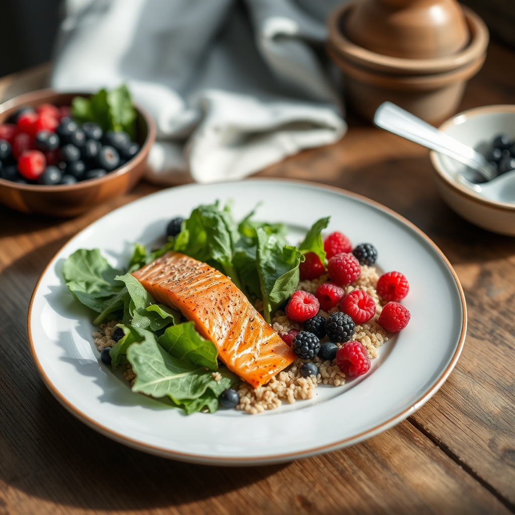 A colorful plate showing balanced meals: leafy greens, grilled salmon, quinoa, and mixed berries, illustrating nutrition for hormonal health