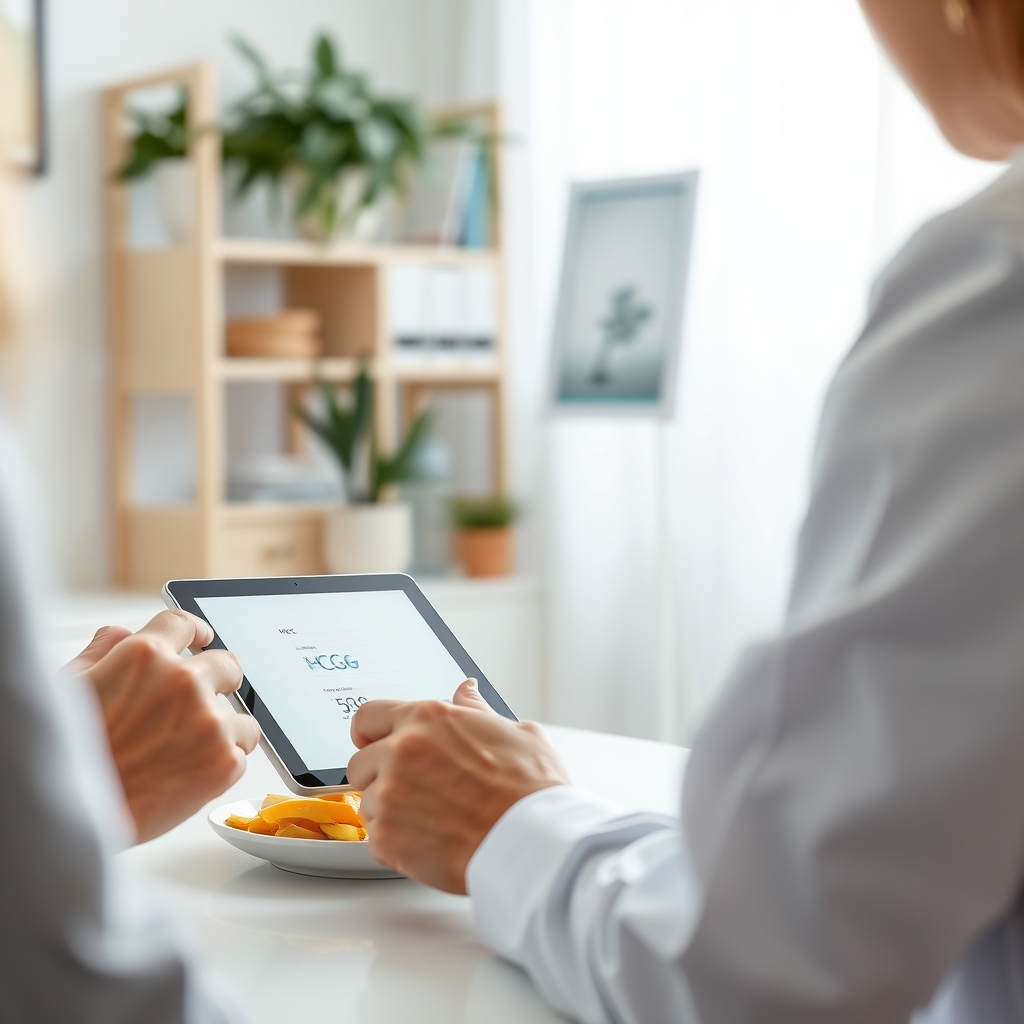 A medical professional reviewing a chart of hCG trends with a patient, highlighting the importance of monitoring for persistent disease