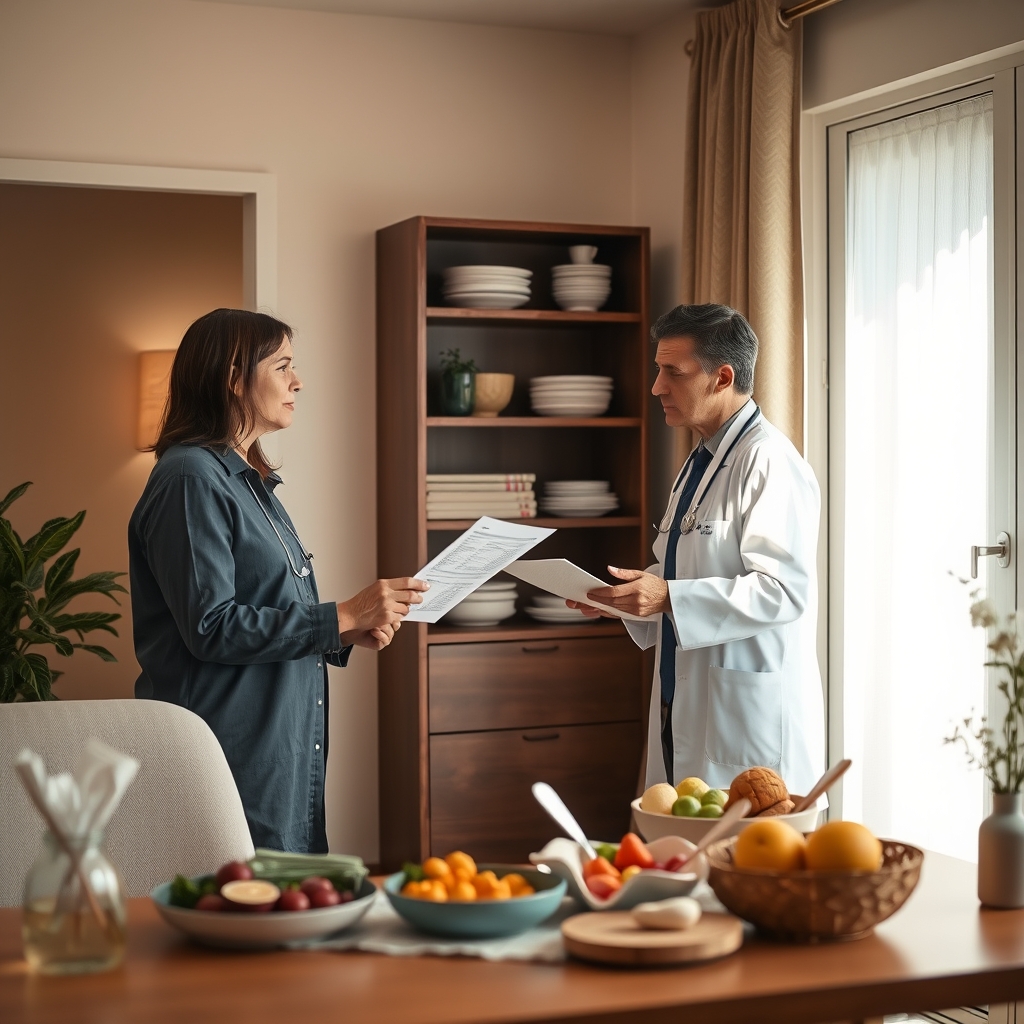 A supportive doctor reviewing lab results with a patient in a bright clinic, illustrating the importance of a pre‑conception check‑up after molar pregnancy