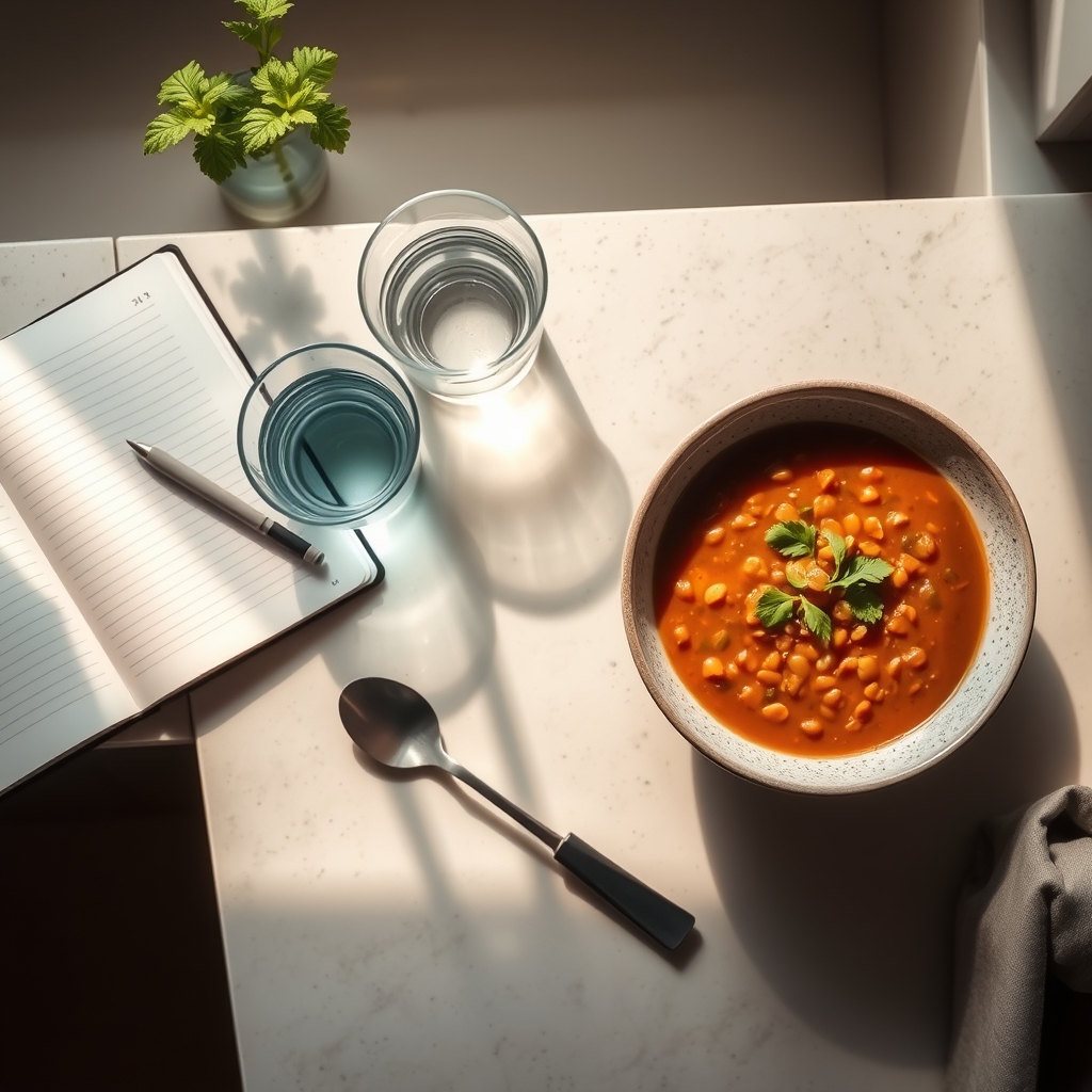 A bright kitchen counter with a bowl of iron‑rich lentil soup, a glass of water, and a notebook, representing self‑care after molar pregnancy