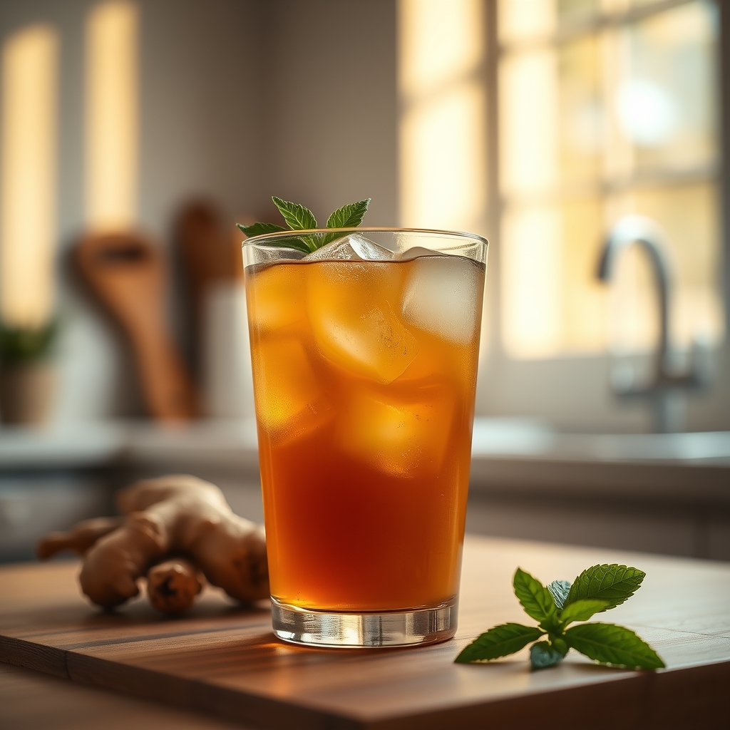 A clear glass of iced ginger tea with fresh ginger slices and a sprig of mint on a pastel kitchen table, soft daylight