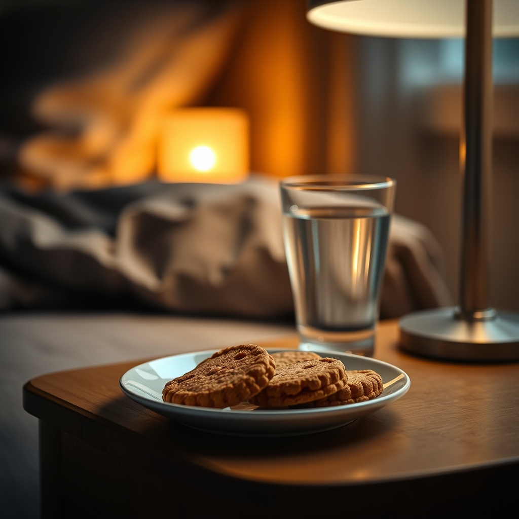 A cozy bedroom nightstand with a glass of water, a small bowl of ginger biscuits, and a soft night lamp, suggesting a calm bedtime routine for nausea relief