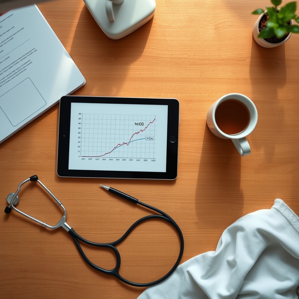 A bright clinic room with a medical professional reviewing a tablet displaying a β‑hCG trend graph, a stethoscope, and a cup of tea on a wooden table