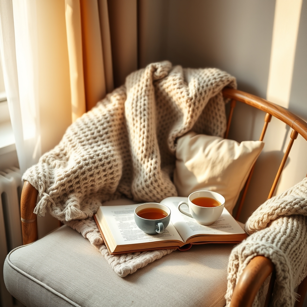 A cozy bedroom corner with a soft blanket, a book, and a cup of herbal tea on a nightstand