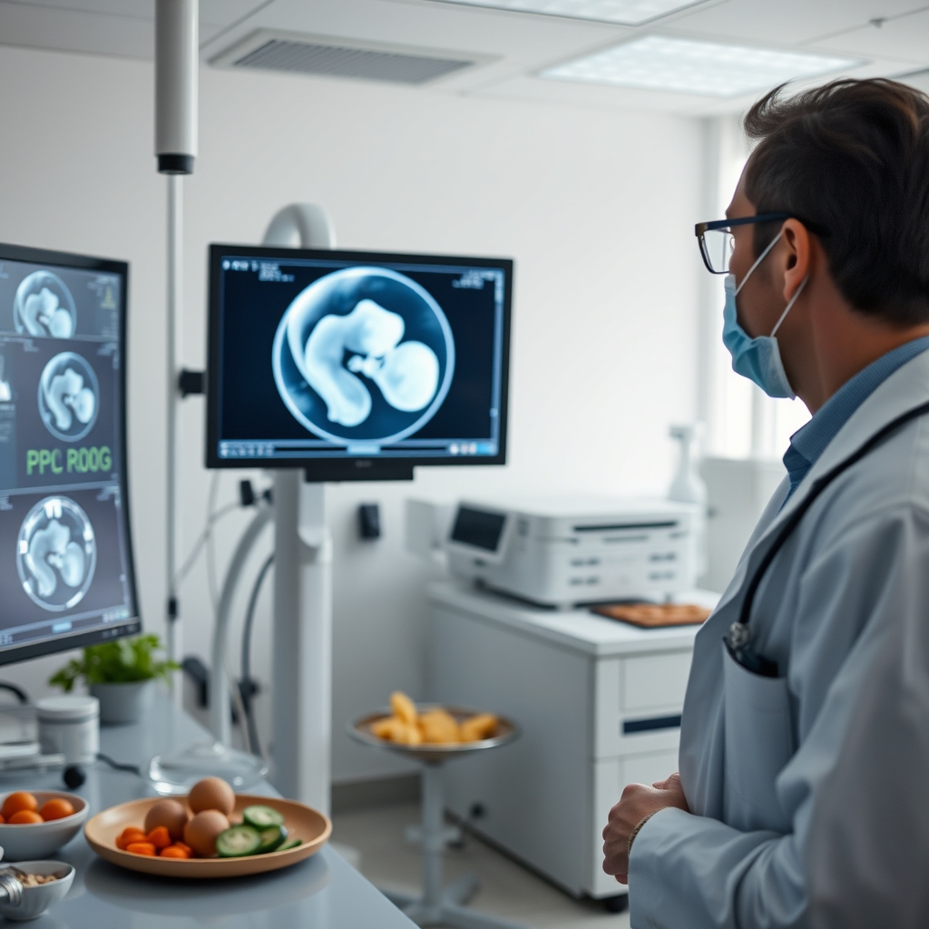 Research lab with a neonatal brain scan on a monitor, scientist reviewing data, soft daylight through a window