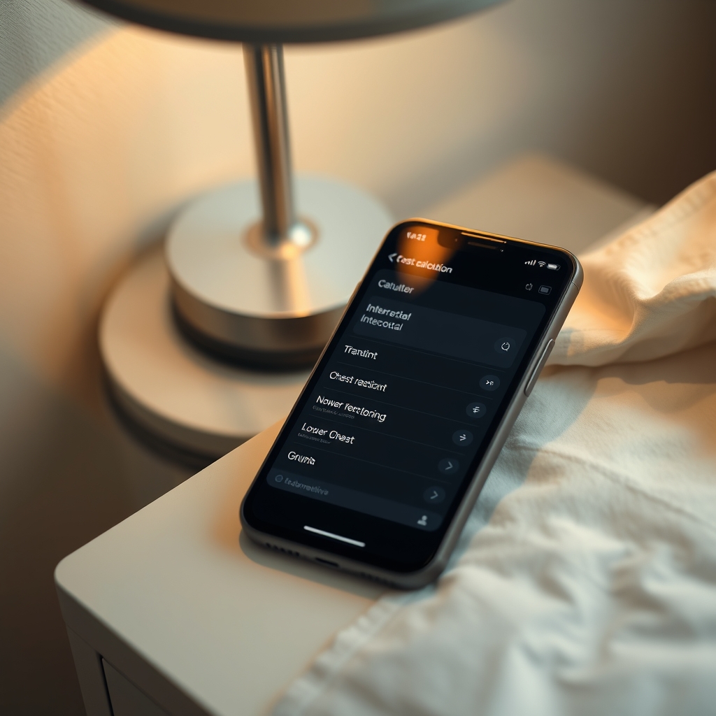 A smartphone screen showing the Silverman Anderson Score calculator with dropdown menus for each breathing sign, soft ambient lighting on a bedside table