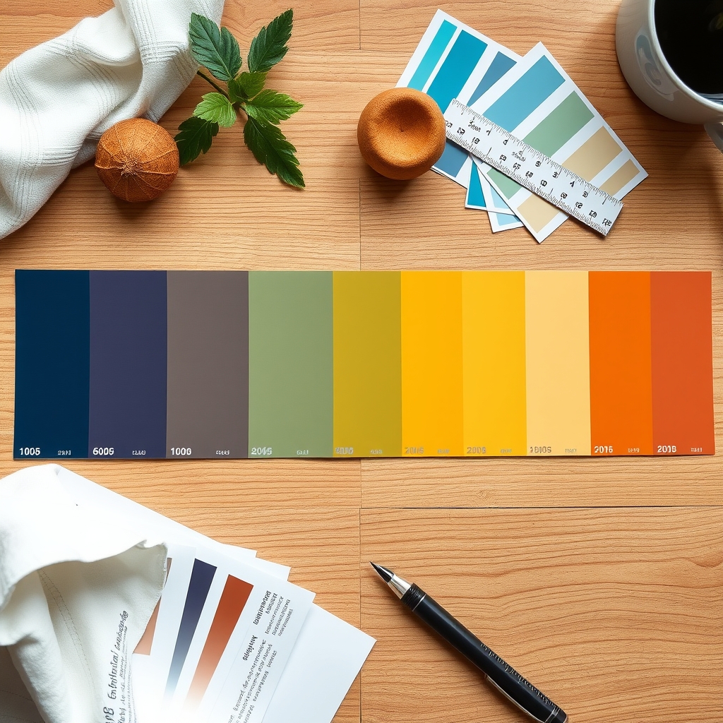 Timeline chart on a wooden desk showing weeks and months of eye color development, with color swatches ranging from blue to brown