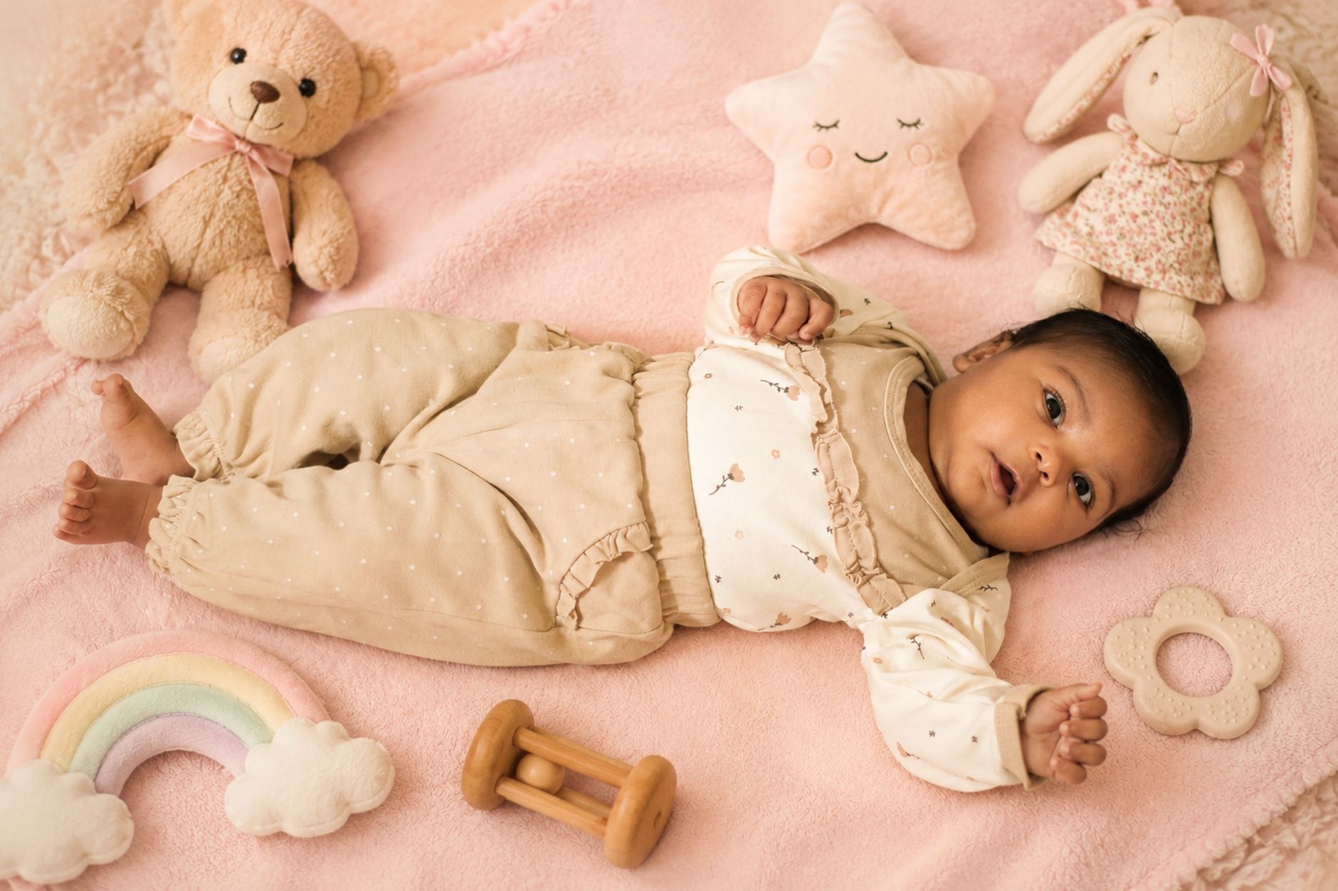A cozy nursery scene with a newborn lying on a soft play mat during tummy time, natural light streaming through a window