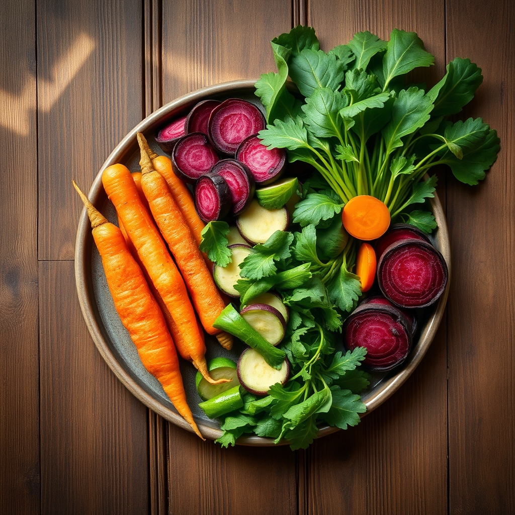Brightly colored plate of fresh vegetables—carrots, beet slices, and leafy greens—arranged on a wooden board, natural light highlighting the vivid hues