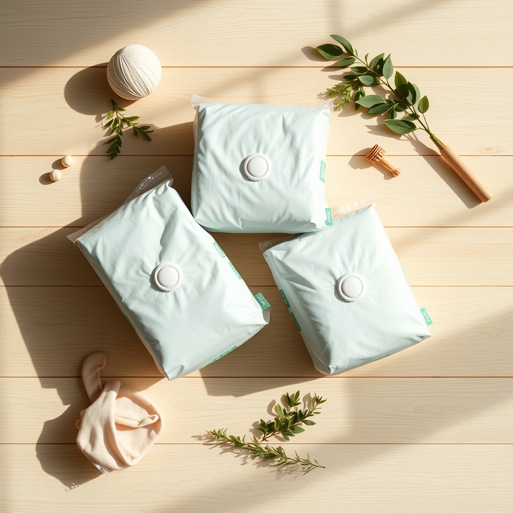 A stack of three diaper brands—Pampers Pure, Huggies Special Delivery, and Seventh Generation—arranged on a wooden board with a soft pastel background