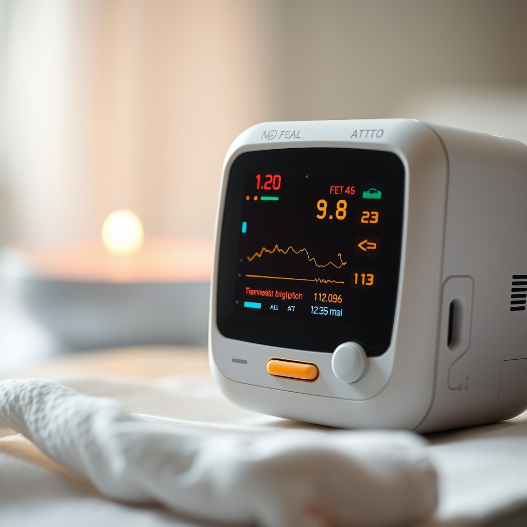 Fetal monitor display showing baseline heart rate with occasional accelerations and a small variability wave, captured in soft clinical lighting