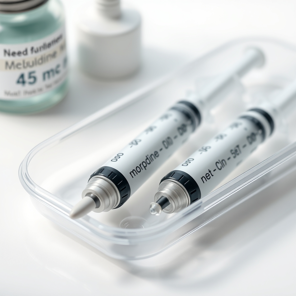 Close‑up of a neonatal medication tray with syringes labeled morphine, methadone, and clonidine, set on a clean white surface