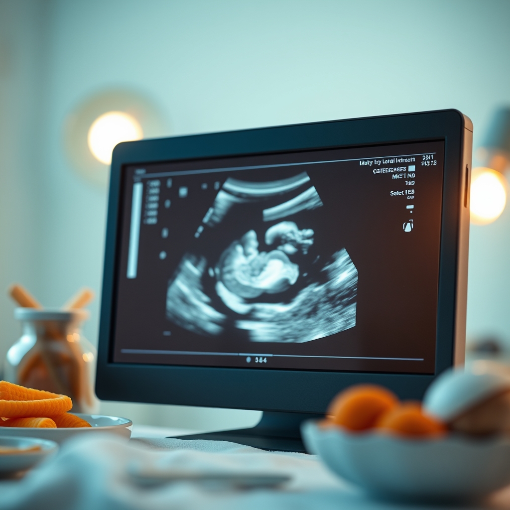 Soft-focus photo of a prenatal ultrasound screen showing a fetus with a visible amniotic fluid pocket, warm lighting and a calm clinic environment