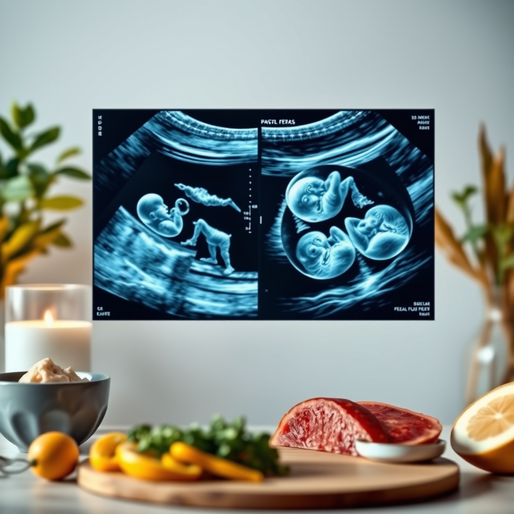 Two ultrasound images side by side, one showing low fluid around a single fetus and the other showing abundant fluid around twins