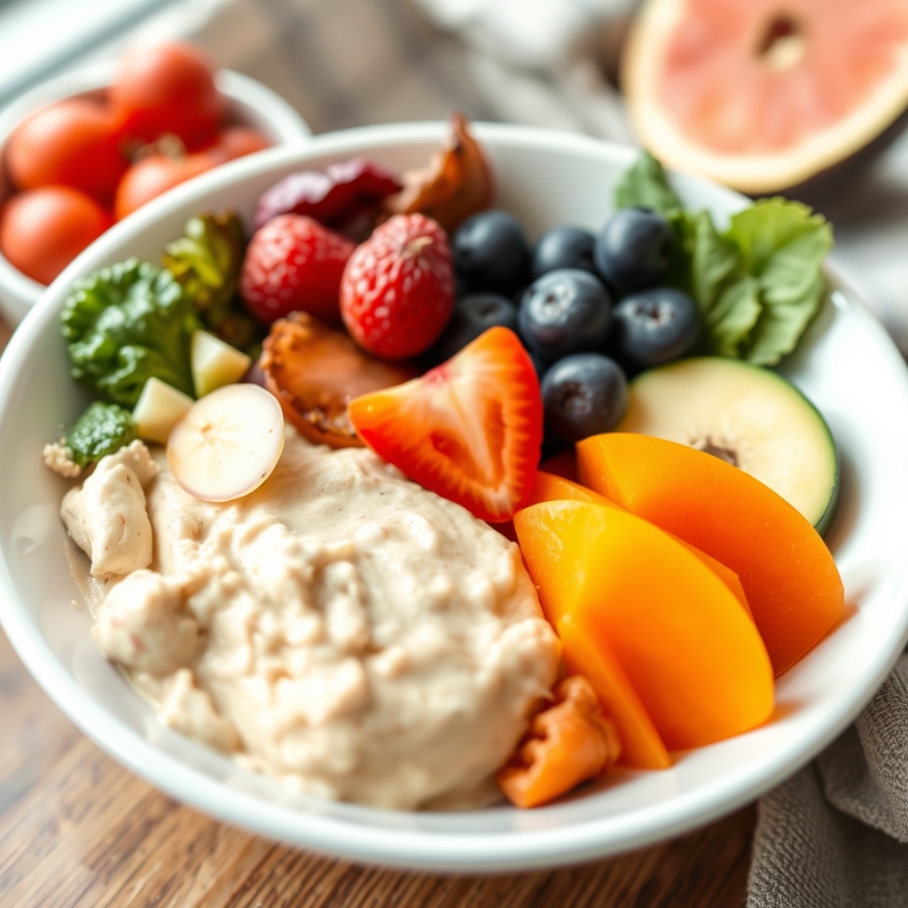 A colorful and inviting spread of healthy foods like fruits, vegetables, nuts, and whole grains on a table.