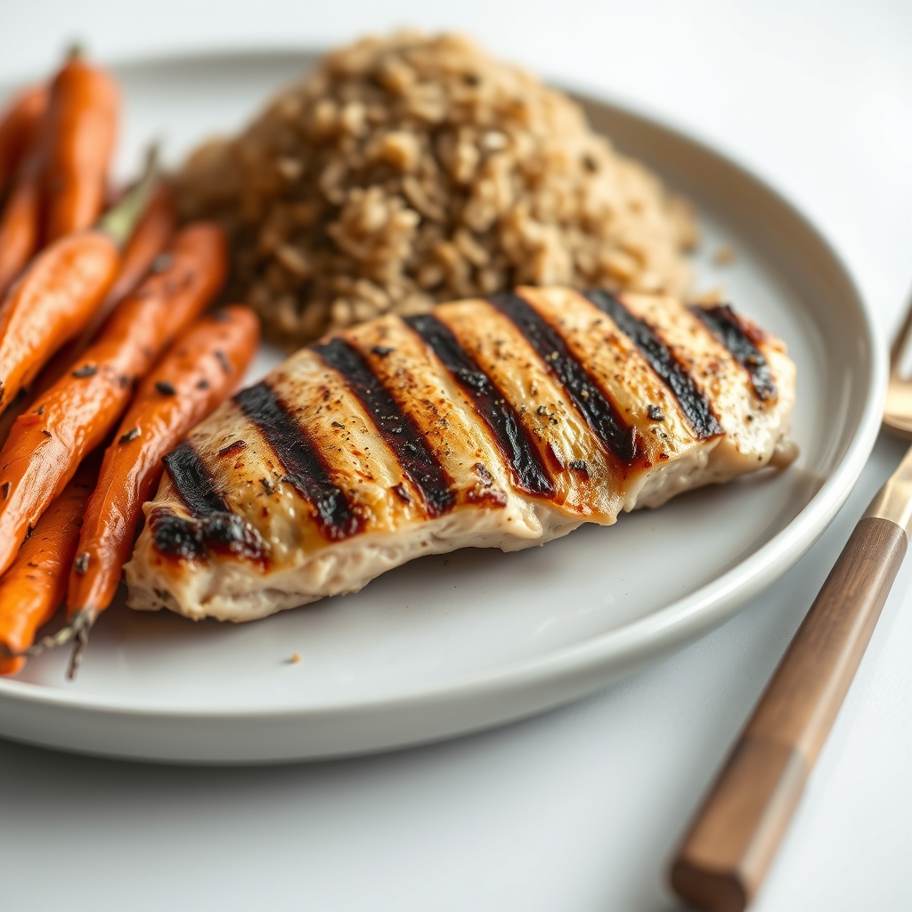 A plate with grilled organic chicken breast, roasted organic carrots, and a side of organic quinoa, presented on a simple white dish