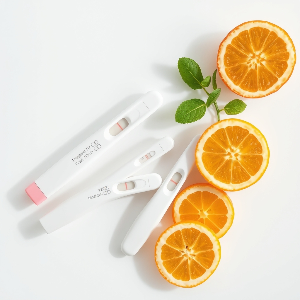 Assortment of pregnancy test sticks and strips on a clean white surface, some showing faint lines, with soft, even lighting