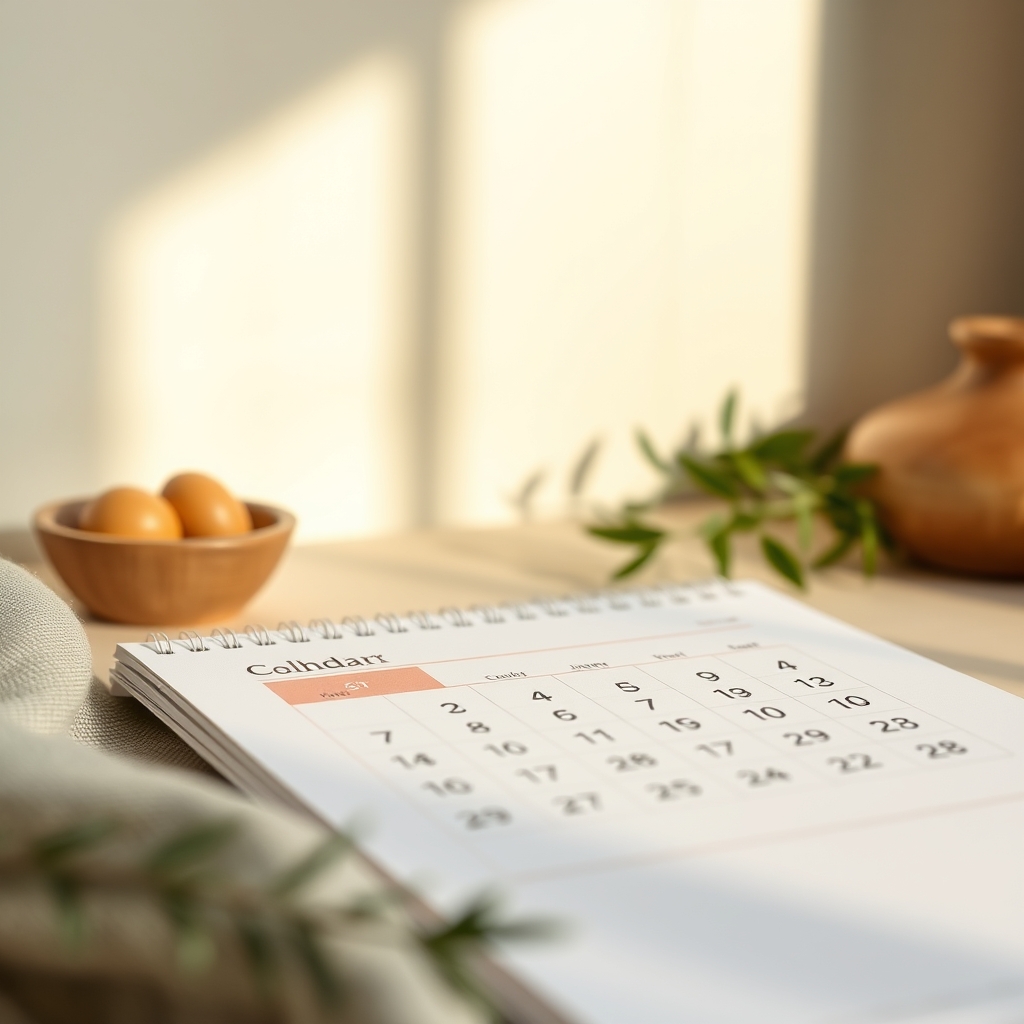 Soft pastel illustration of a calendar with a marked six‑month waiting period, a gentle reminder to monitor hCG levels before trying again