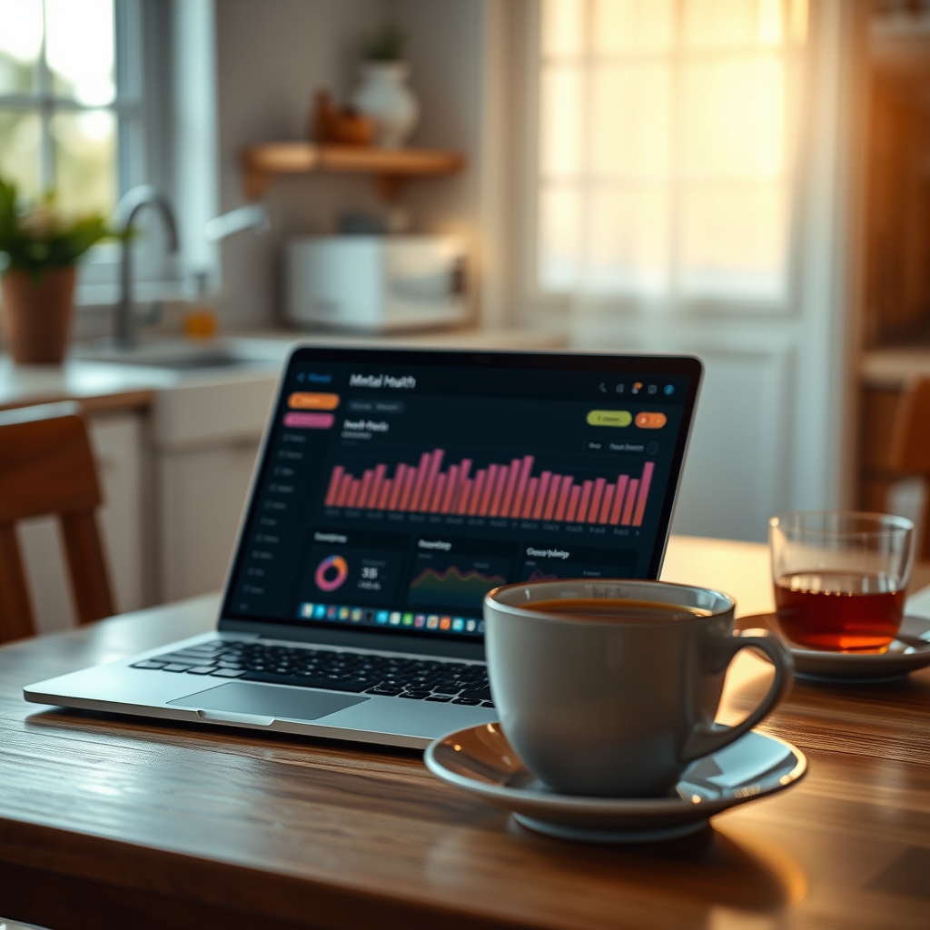 A laptop open on a kitchen table showing a mental‑health app dashboard with calming colors, a cup of tea beside it, morning light through a window