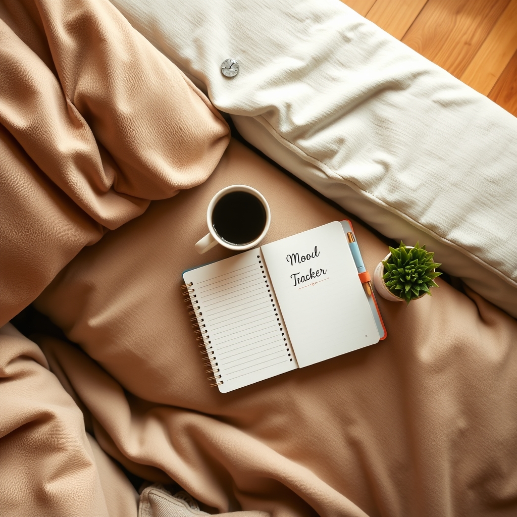 A calm living room with a soft rug, a coffee mug, a notebook titled 'Mood Tracker', and a small plant, natural daylight streaming through a window