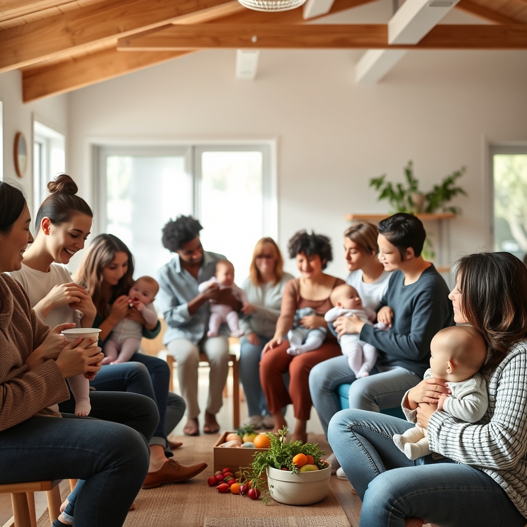 A diverse group of parents and babies in a bright, modern community center, illustrating global family support and shared experiences