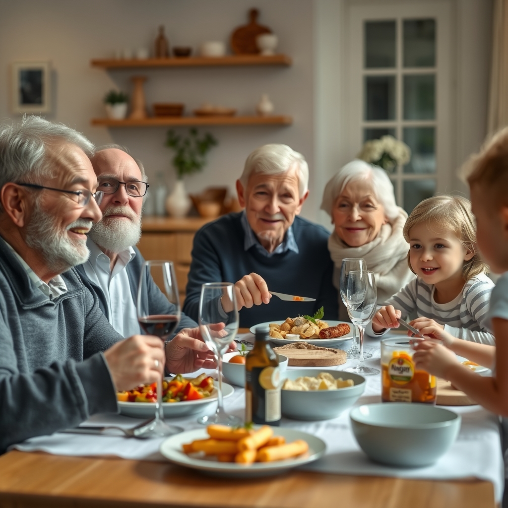 Family dinner with grandparents providing childcare