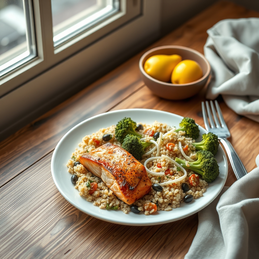 Colorful plate of grilled salmon, quinoa salad, and steamed broccoli on a ceramic plate, showcasing a nutrient‑dense pregnancy meal