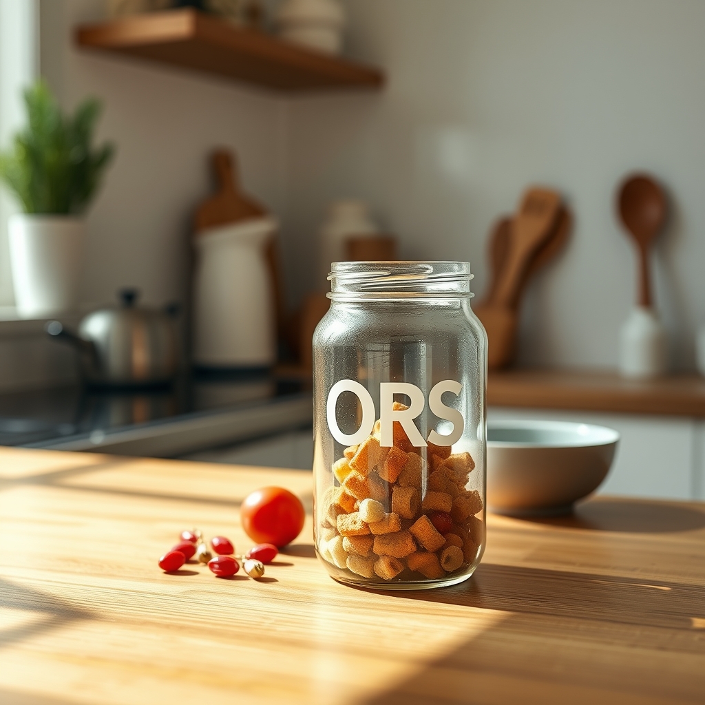 A tidy kitchen countertop with a clear glass jar of freshly prepared oral rehydration solution, a small spoon, and a labeled container; bright natural light emphasizes cleanliness