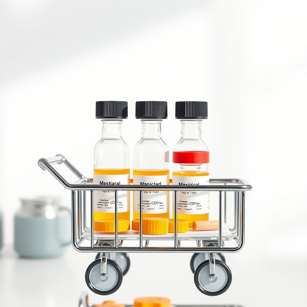 Close‑up of a hospital medication cart with labeled vials of cefazolin, clindamycin, and vancomycin on a wooden tray, bright clinical lighting