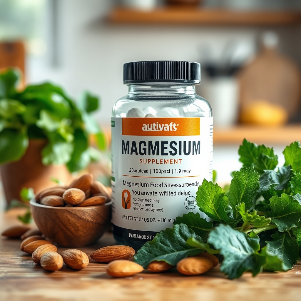 A small glass jar of magnesium tablets beside a bowl of fresh almonds and leafy greens on a wooden countertop, bright natural light highlighting the nutrients
