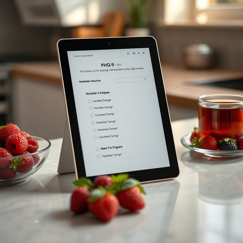 A bright kitchen counter with a bowl of fresh berries, a cup of herbal tea, and a tablet displaying a PHQ‑9 questionnaire, soft natural light