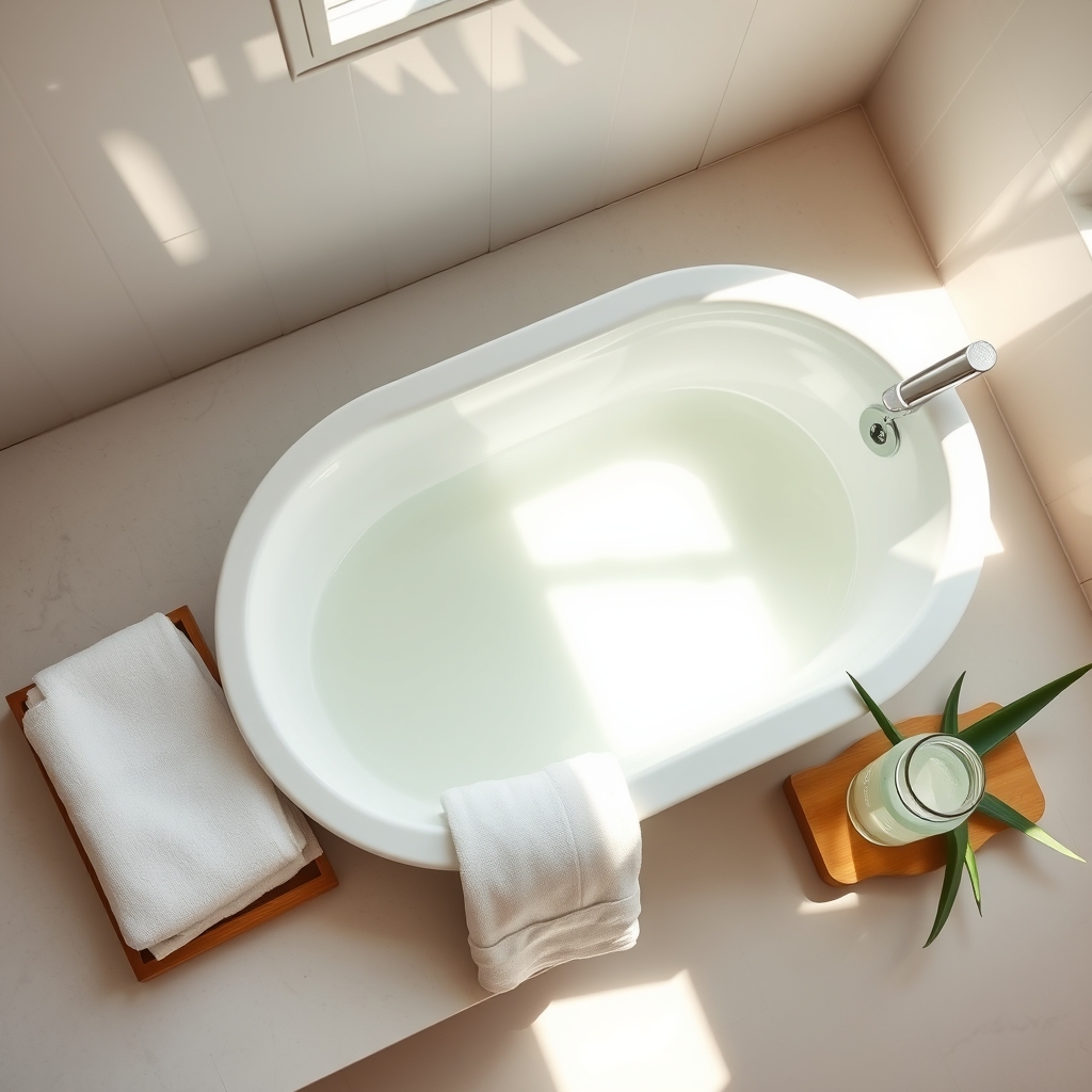 A soothing postpartum bathroom setup with a sitz bath tub, soft towels, and a jar of natural aloe vera gel, illustrating safe hemorrhoid care while breastfeeding