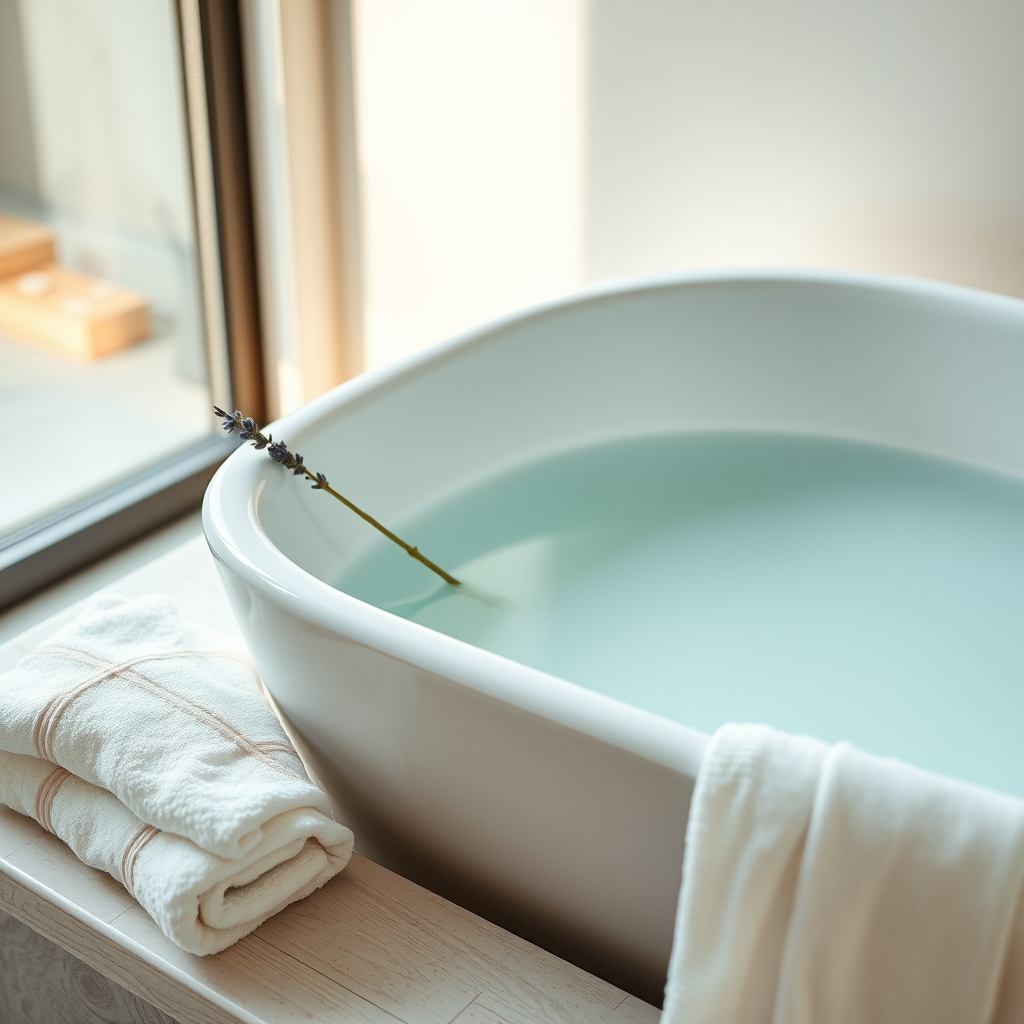 A warm sitz bath with a small tub, soft towels, and a lavender sprig, illustrating a soothing home remedy for pregnancy hemorrhoids