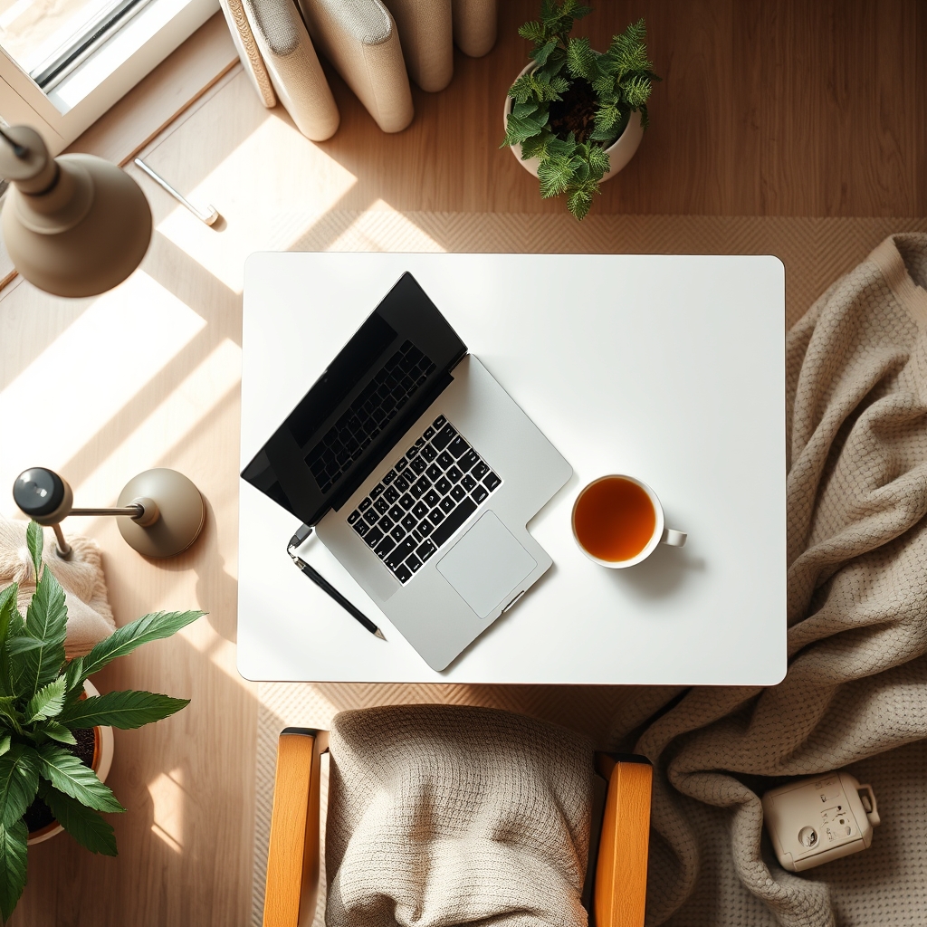 A tidy home office corner with a laptop on a small desk, a supportive cushion, a cup of herbal tea, and a soft blanket, natural daylight streaming through a window