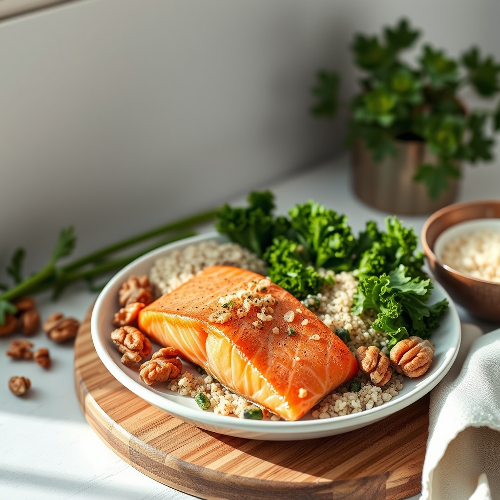 Healthy meal with salmon, walnuts, leafy greens, and whole grains on a wooden board, bright morning light