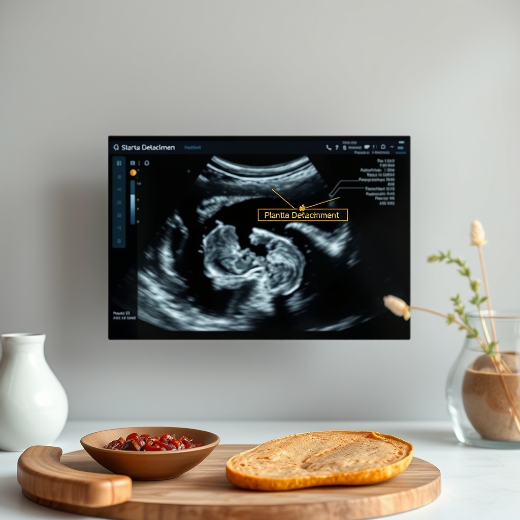 Ultrasound image showing a placenta partially detached from the uterine wall, with clear labeling of the abruption area
