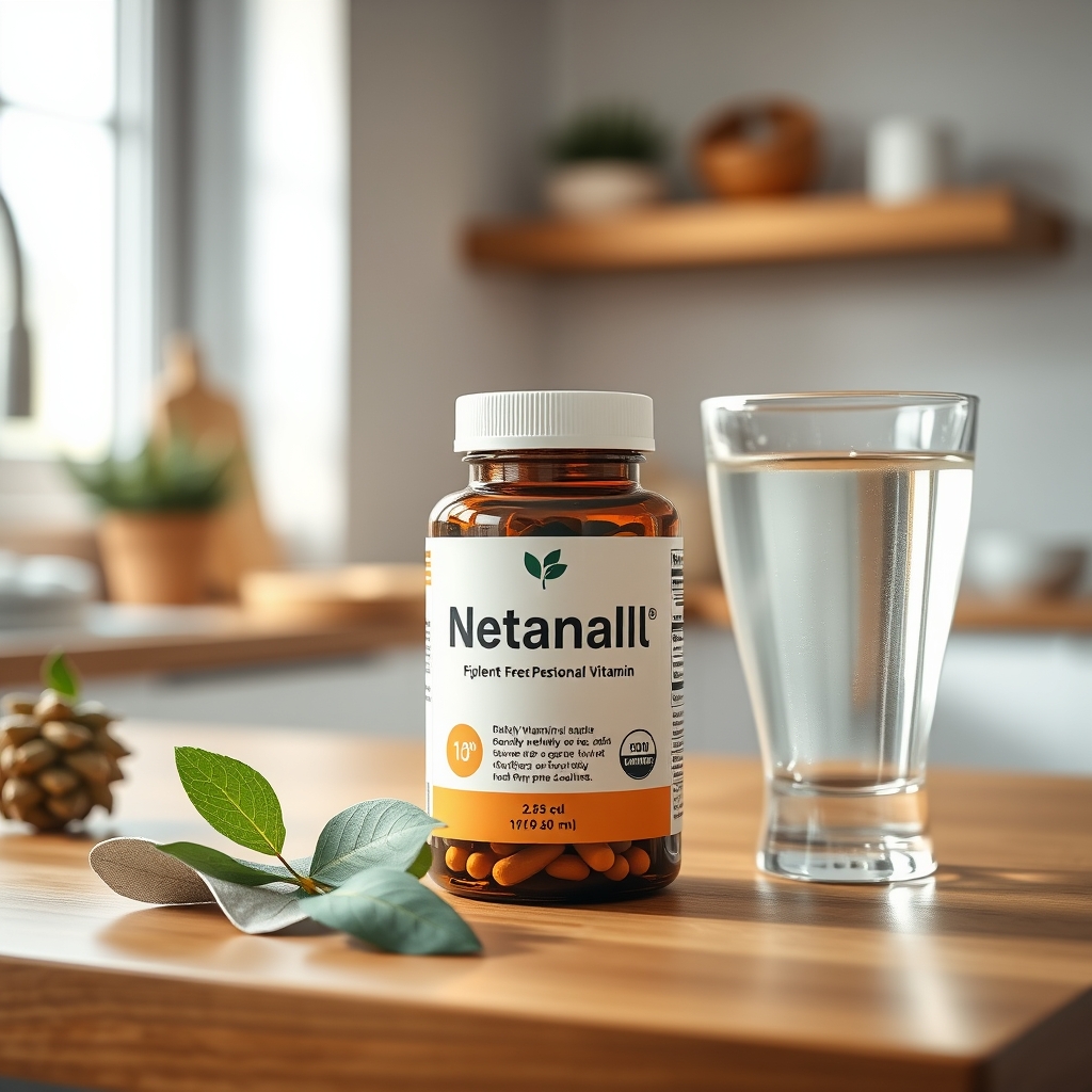 A bottle of prenatal vitamins beside a glass of water on a wooden kitchen counter, natural morning light highlighting the bottle
