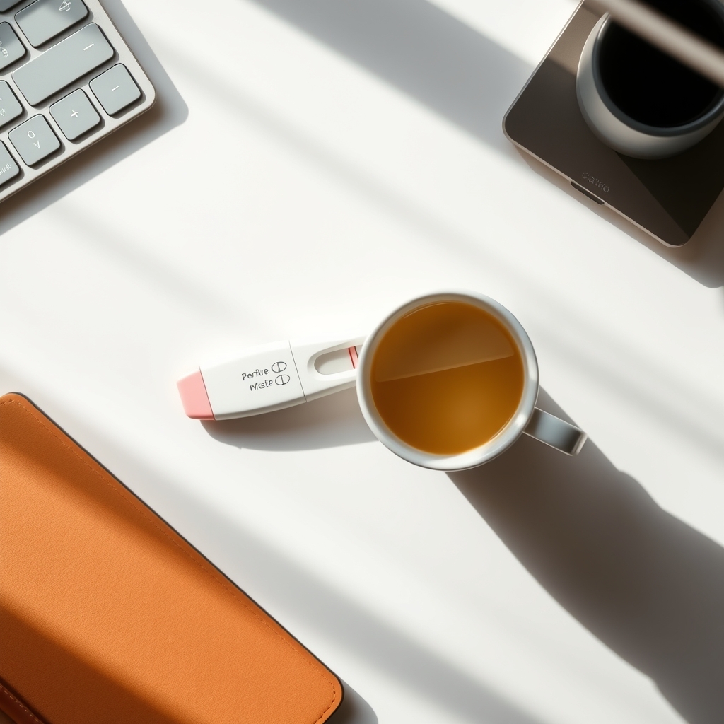 A laptop screen showing a tasteful flat‑lay of a positive pregnancy test next to a coffee mug on a tidy office desk, natural morning light