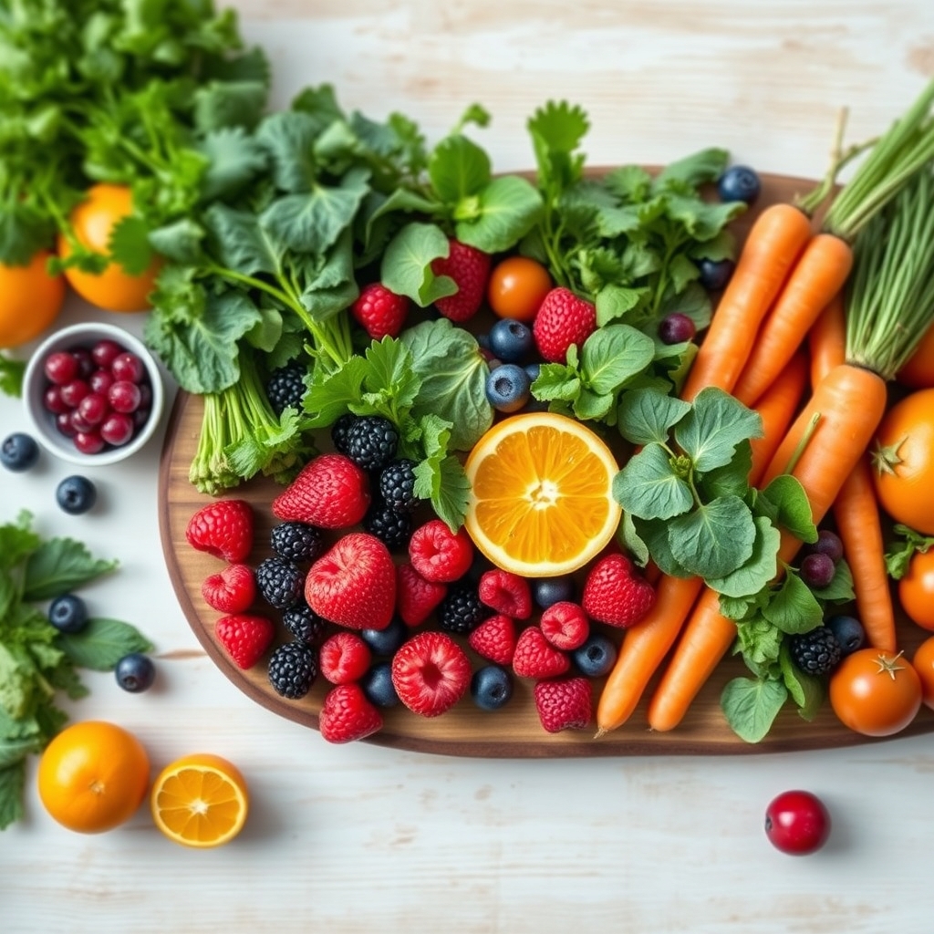 A diverse group of healthy fresh fruits and vegetables on a wooden cutting board, symbolizing good nutrition