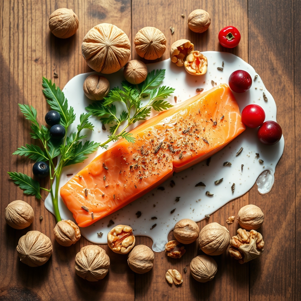 A colorful plate of grilled salmon, a handful of walnuts, and a small bowl of mixed berries on a rustic wooden table, bright natural light highlighting the freshness