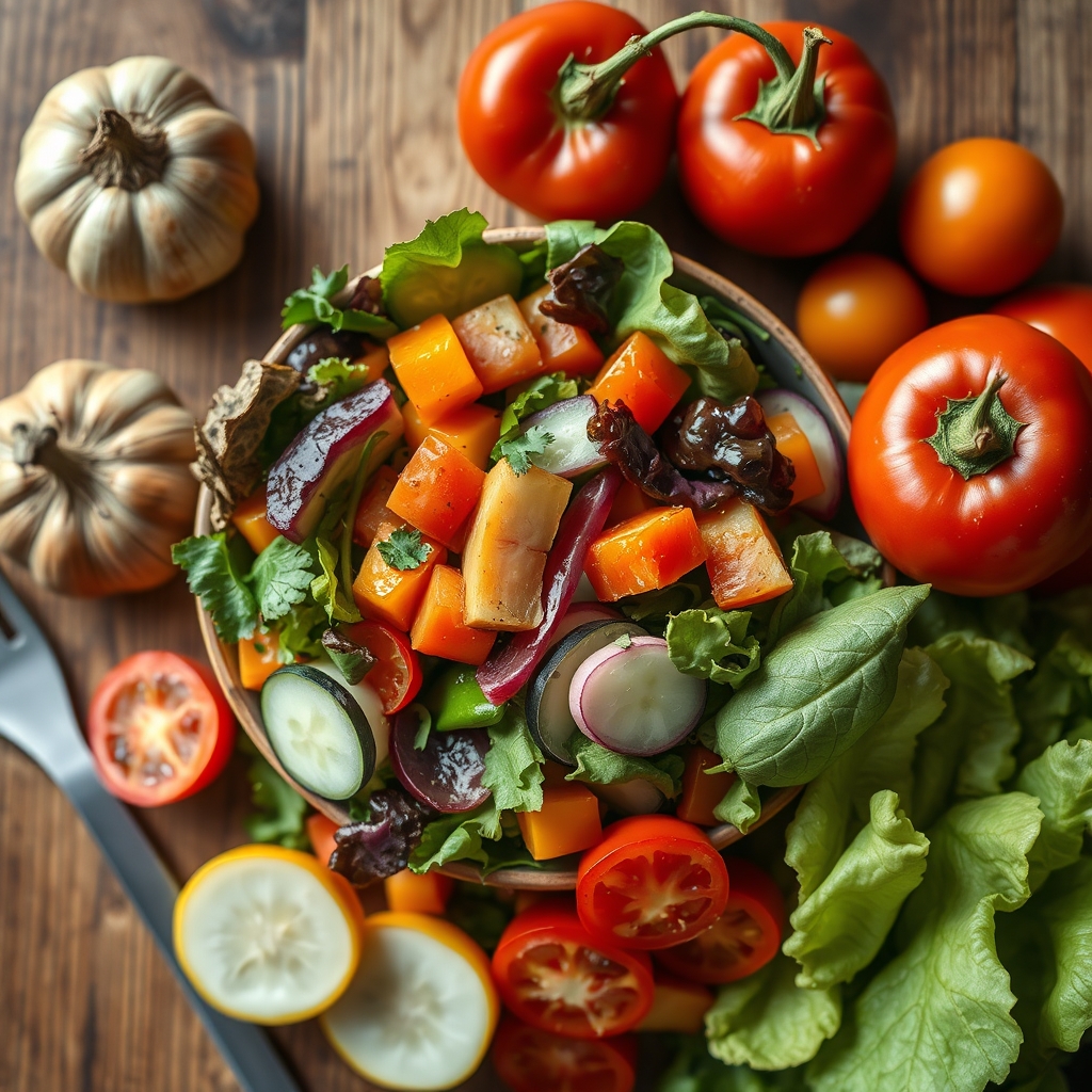 A bright salad bowl with mixed greens, grilled chicken, cherry tomatoes, avocado slices, and a lemon wedge, set on a wooden table