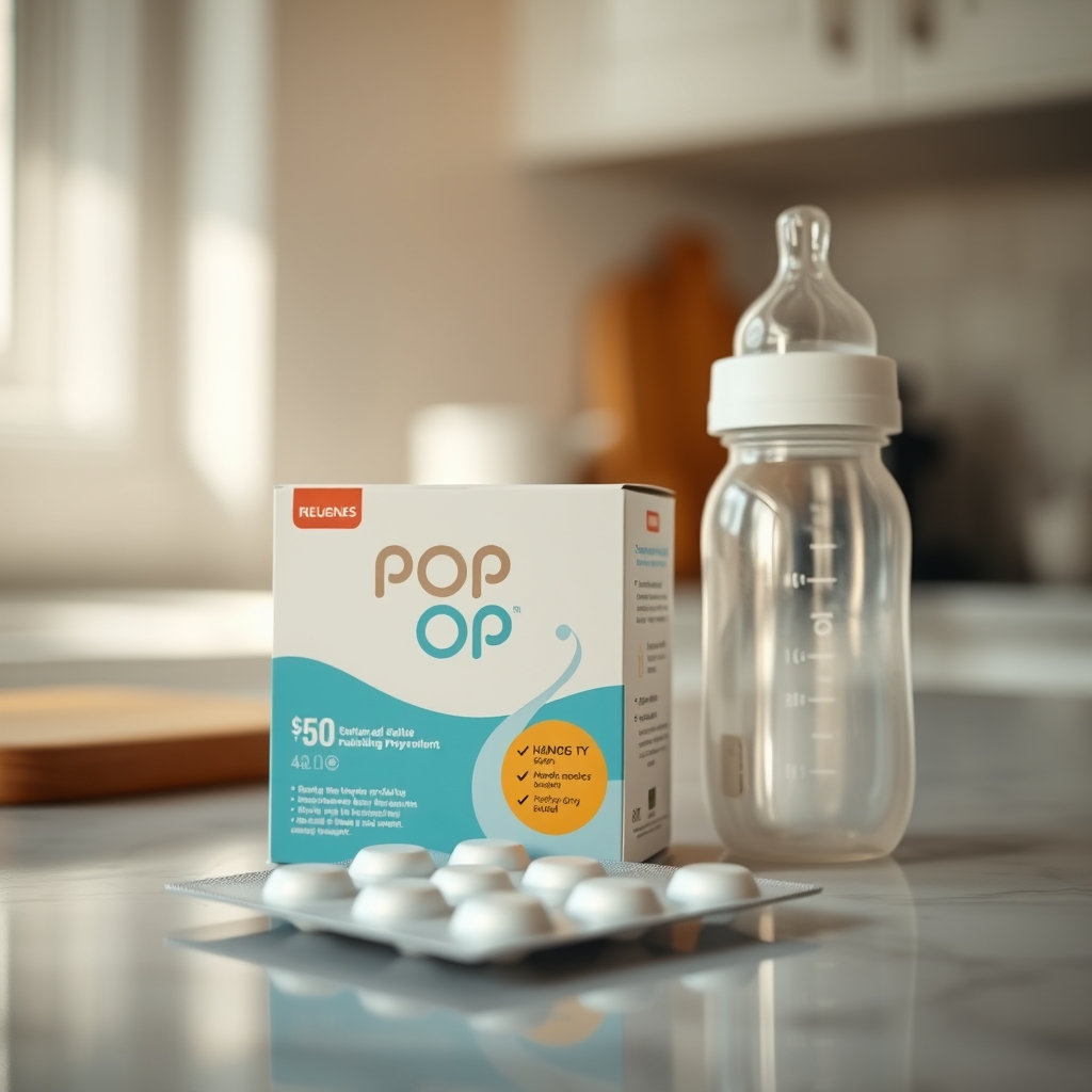 Close‑up of a progestin‑only birth control pill blister pack beside a nursing bottle, soft morning light highlighting the packaging