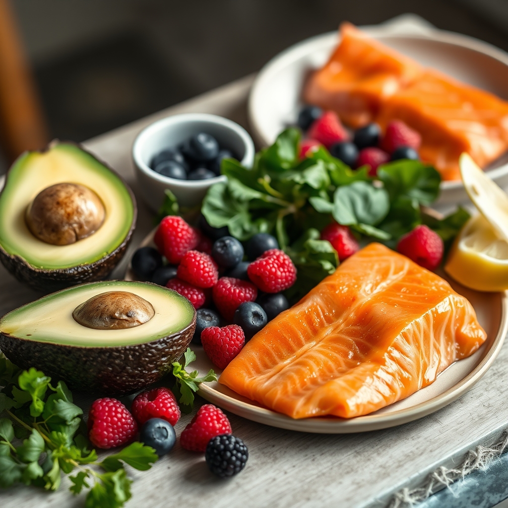 A vibrant spread of healthy foods including salmon, avocado, spinach, and berries.