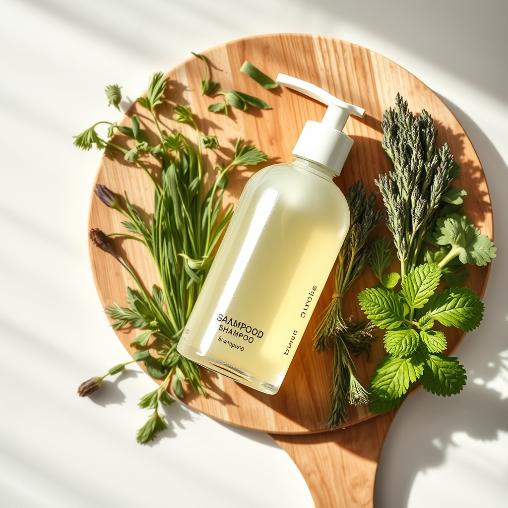 Flat‑lay of a gentle biotin‑infused shampoo bottle beside fresh herbs, a wooden spoon, and a soft linen towel, bright natural light
