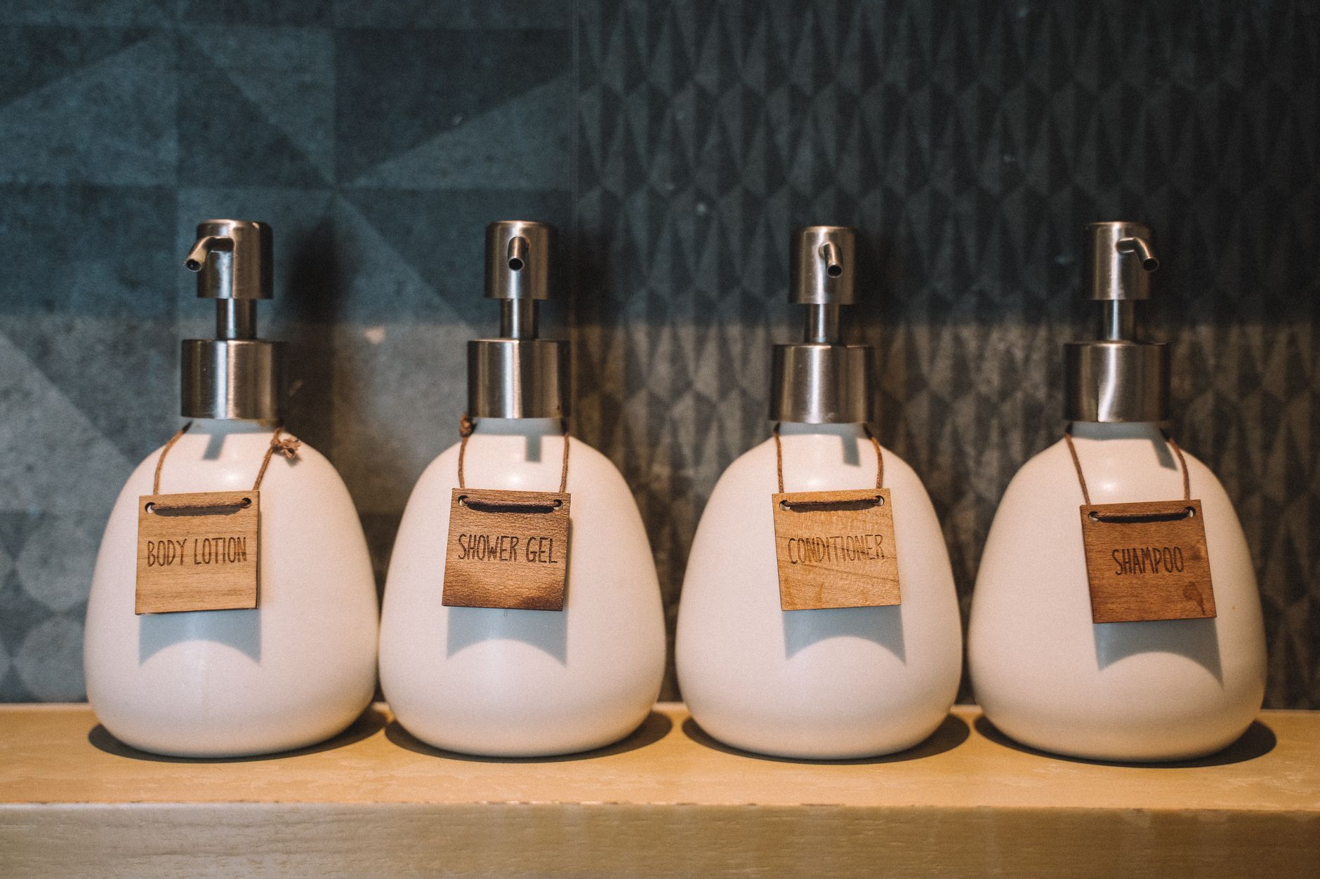 Postpartum-friendly hair care products displayed on a bathroom shelf