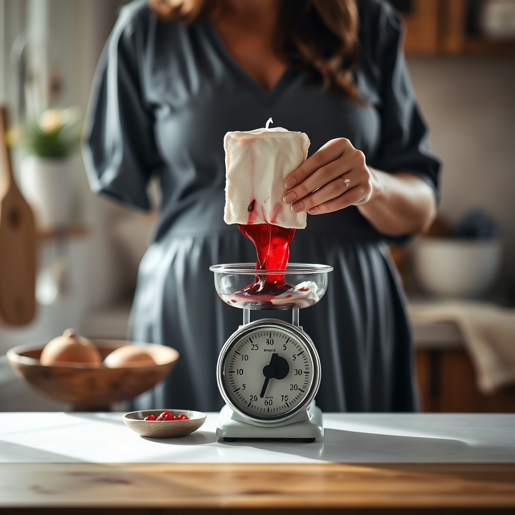 Midwife weighing a blood-soaked pad on a small kitchen scale during a home birth, natural light, cozy home setting
