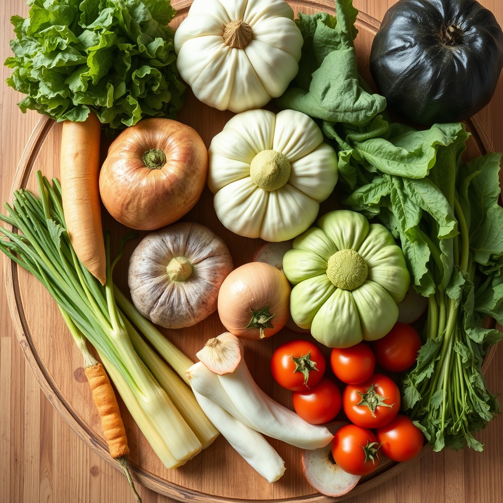 Freshly cut vegetables—including leafy greens, orange carrots, and red peppers—arranged on a wooden board beside a glass of water, bright natural light highlighting vivid colors