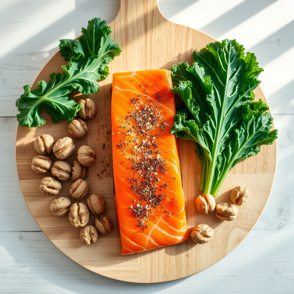 A bright kitchen countertop displaying omega‑3‑rich salmon, walnuts, and leafy greens, arranged for a balanced postpartum meal