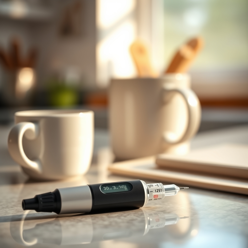 A close‑up of a digital insulin pen showing a reduced dosage setting, with a soft focus kitchen countertop and a cup of herbal tea in the background